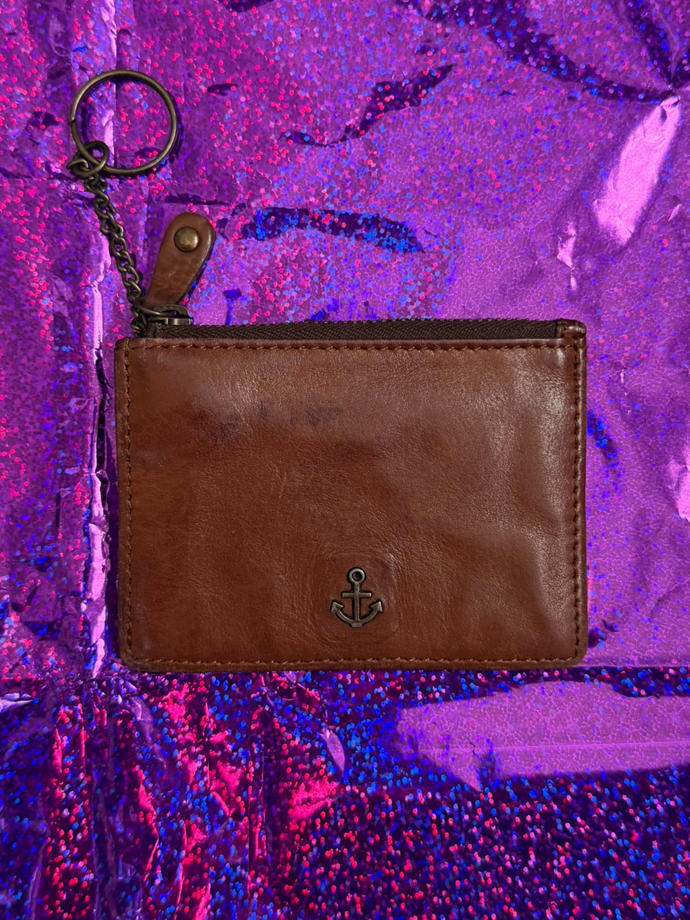 Brown Leather Card Wallet Keychain with Anchor Accent